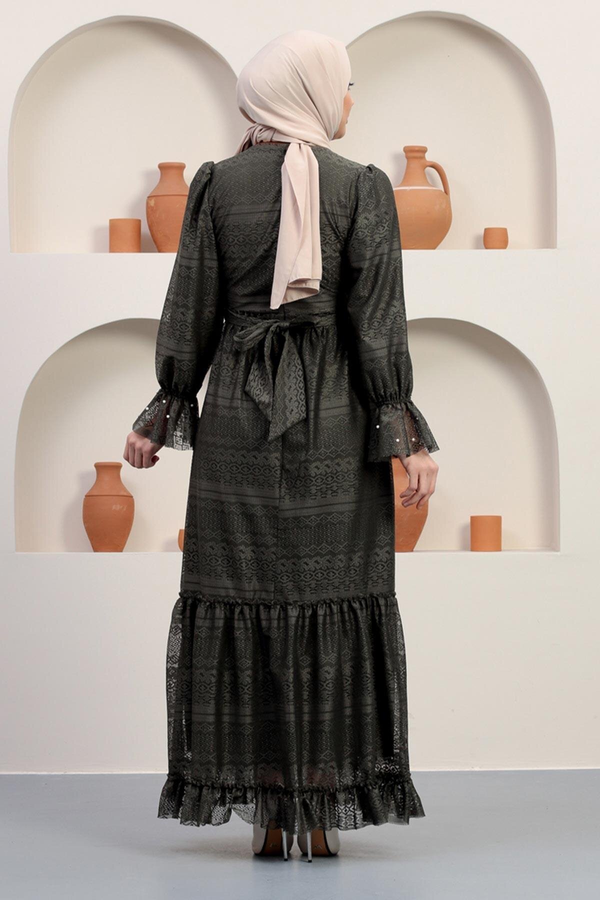 Modest Lace Pearl-Detail Evening Dress - Khaki - Modamihram