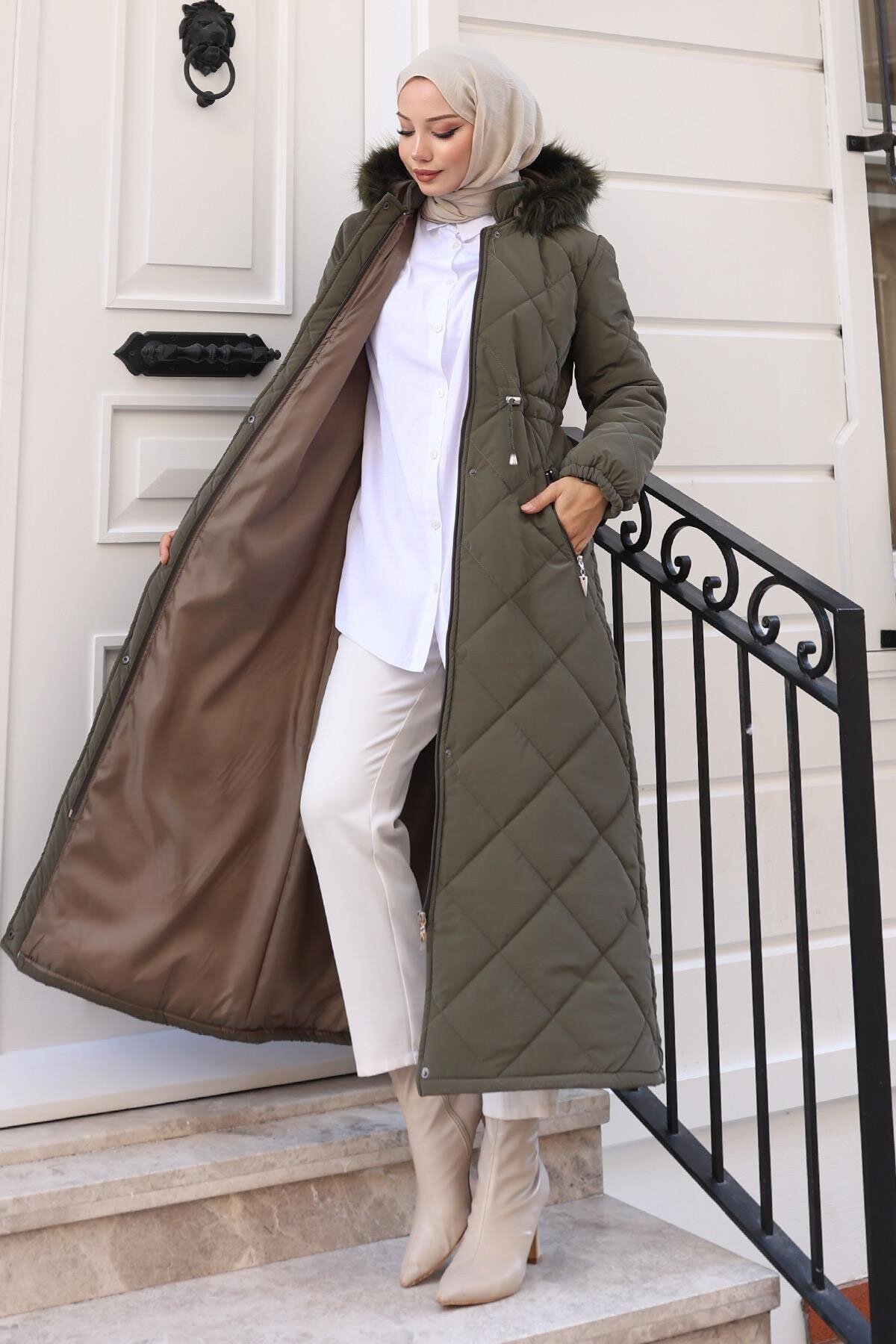 Quilted Hooded Zip Coat - Khaki - Modamihram