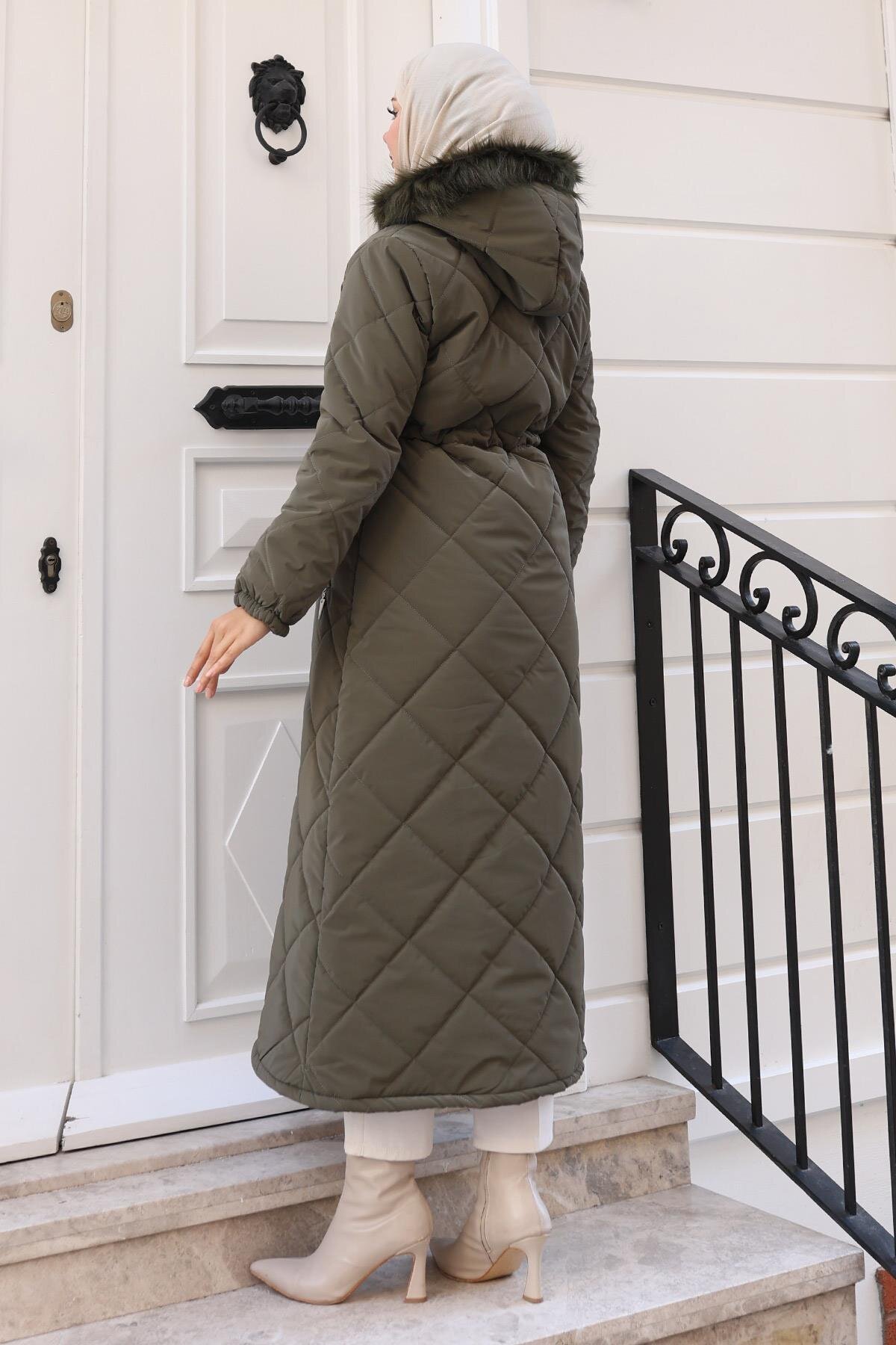 Quilted Hooded Zip Coat - Khaki - Modamihram
