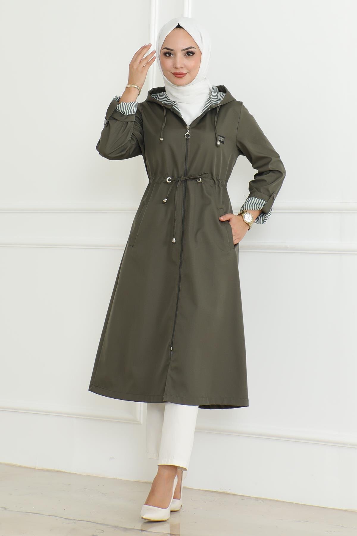 Haki Kapşonlu Fermuarlı Trençkot - Modamihram