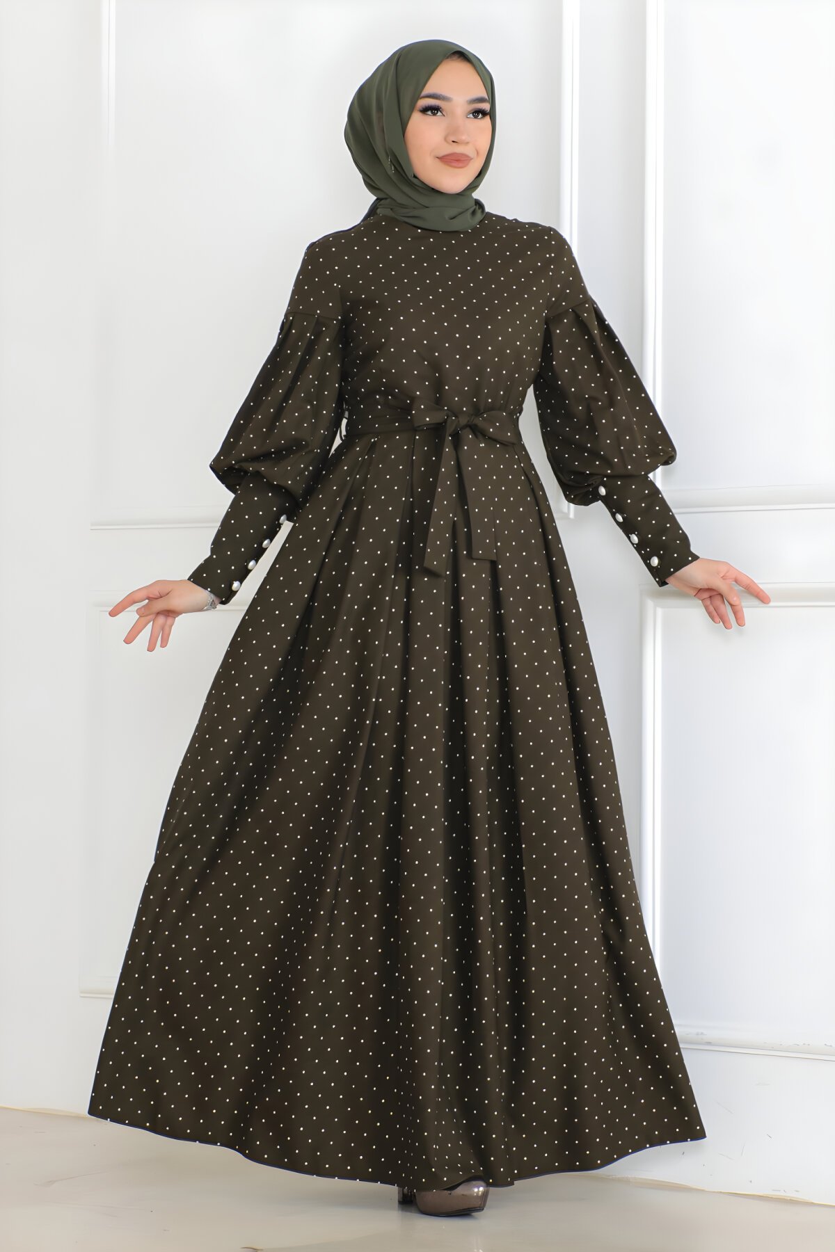 Modest Polka Dot Belted Dress - Khaki - Modamihram