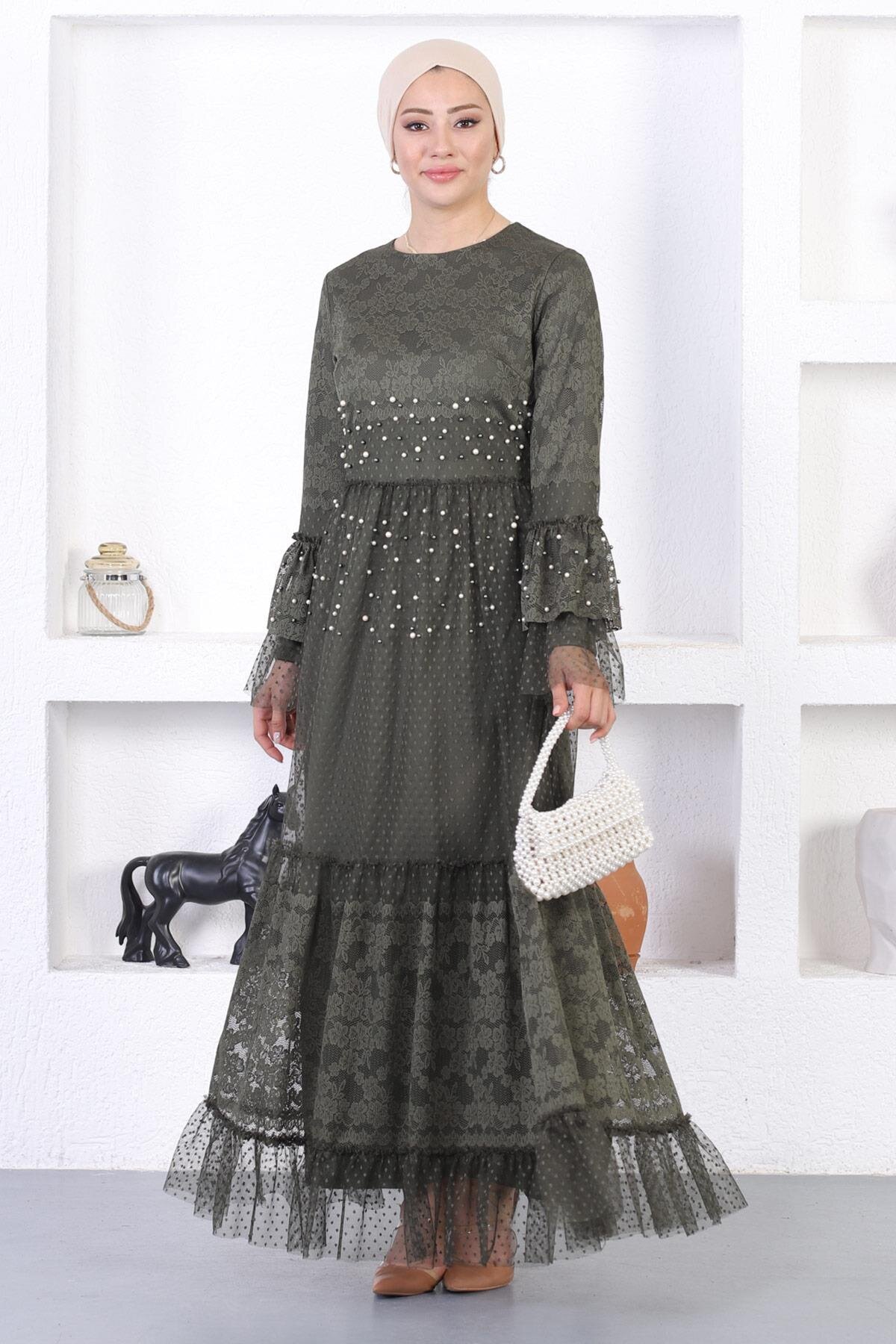 Haki Volan Kol Dantelli İncili Tesettür Abiye Elbise - Modamihram