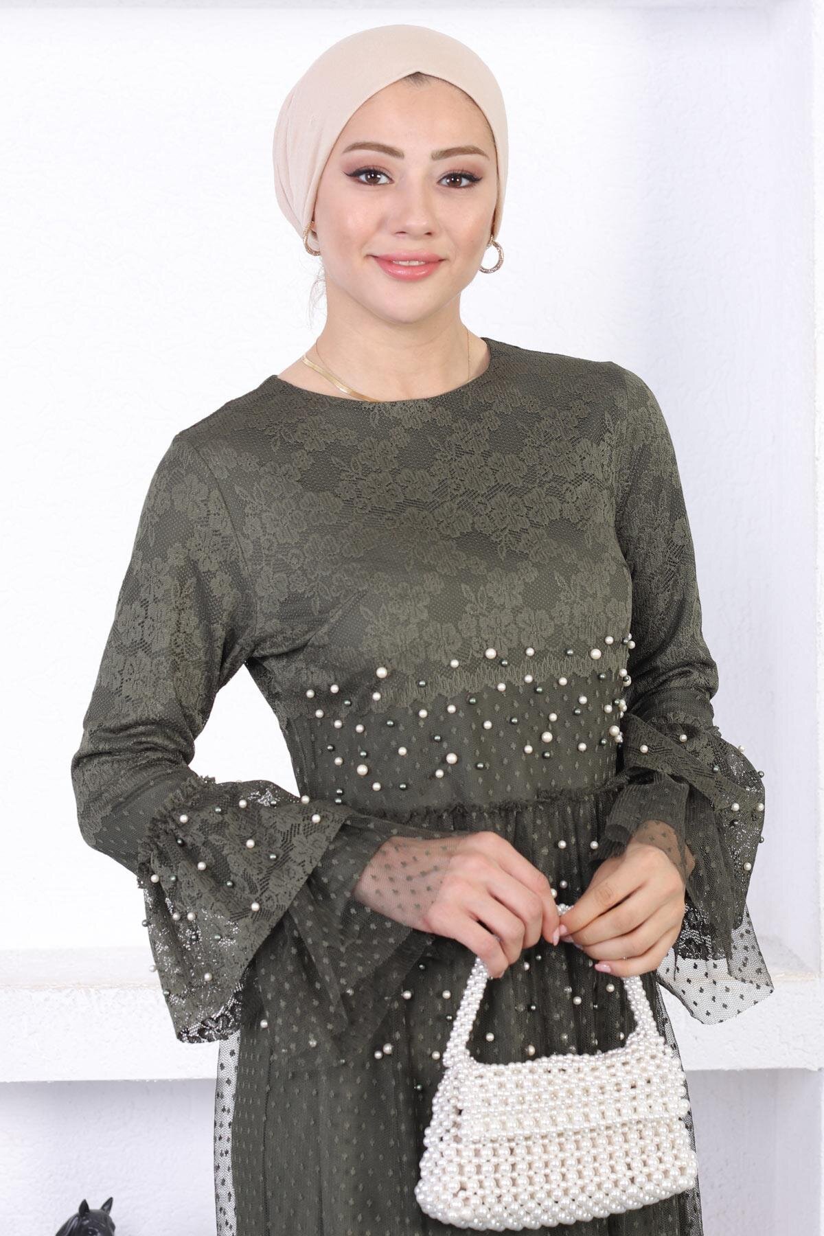 Modest Lace Pearled Flounce Sleeve Evening Dress - Khaki - Modamihram