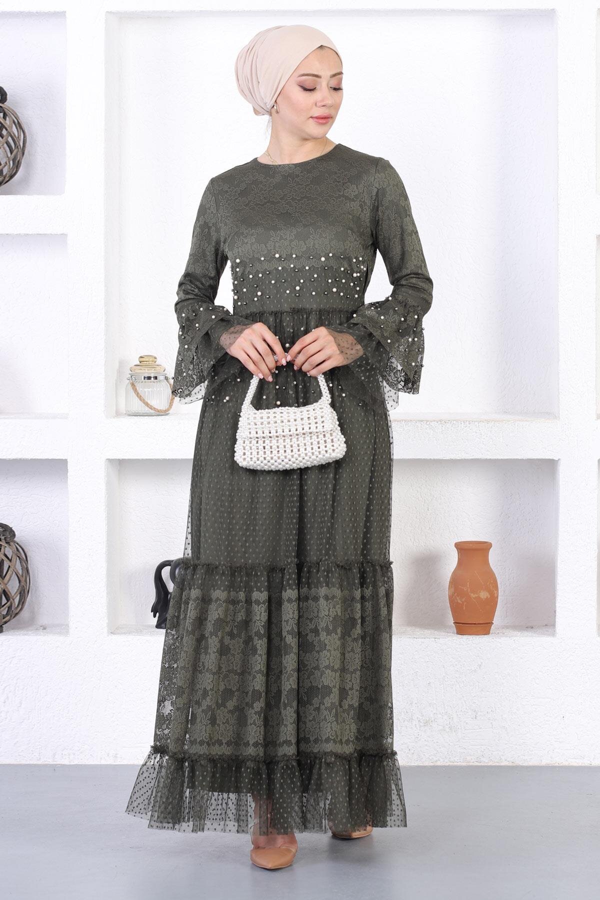 Modest Lace Pearled Flounce Sleeve Evening Dress - Khaki - Modamihram