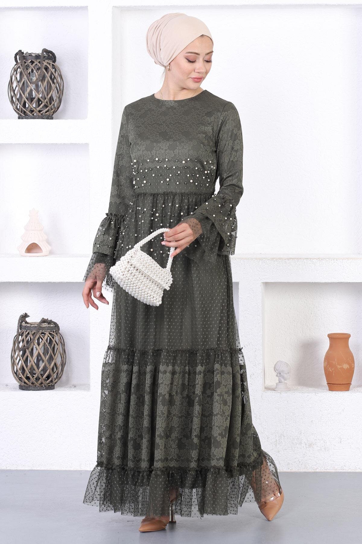 Modest Lace Pearled Flounce Sleeve Evening Dress - Khaki - Modamihram