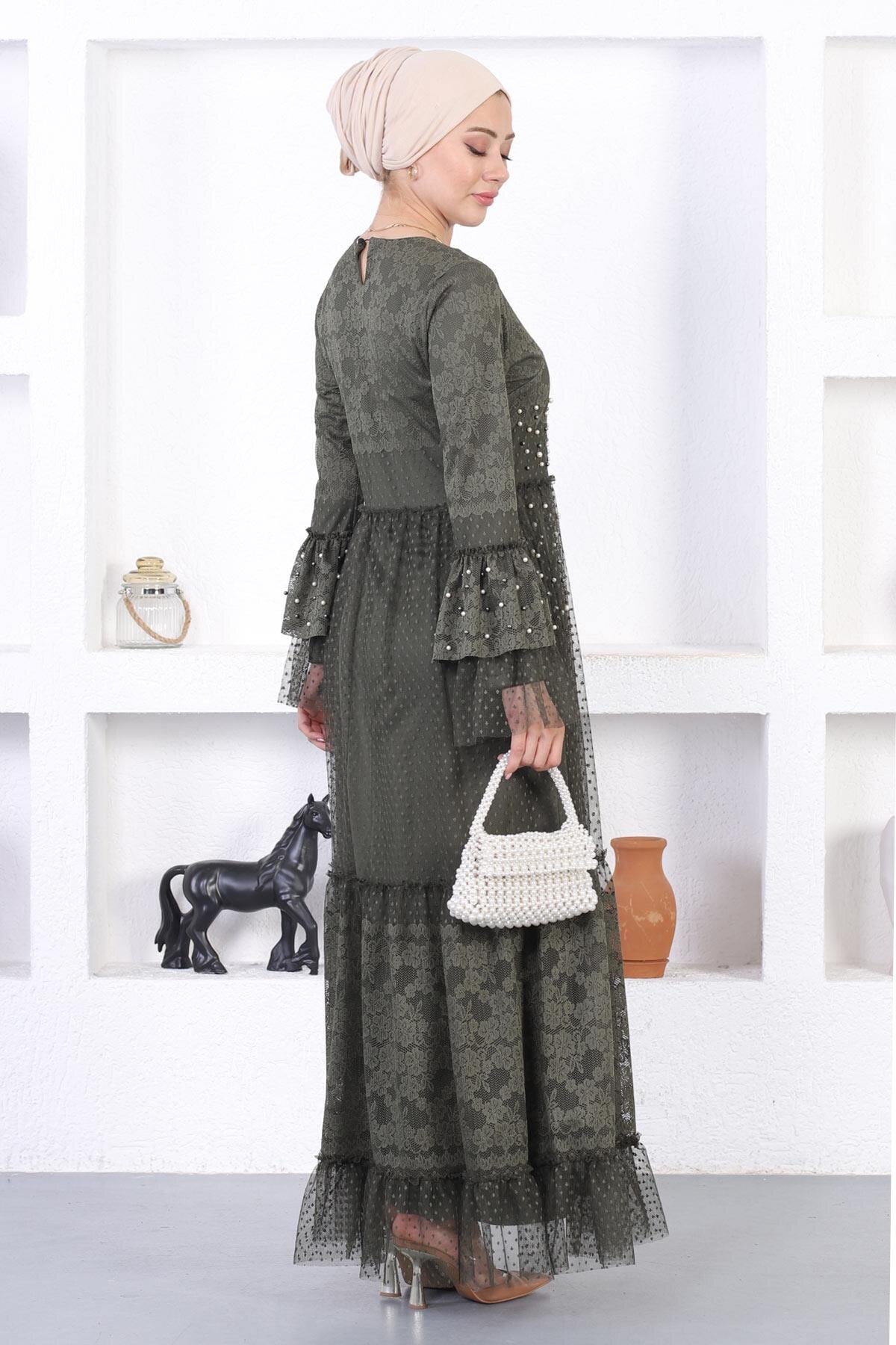 Modest Lace Pearled Flounce Sleeve Evening Dress - Khaki - Modamihram