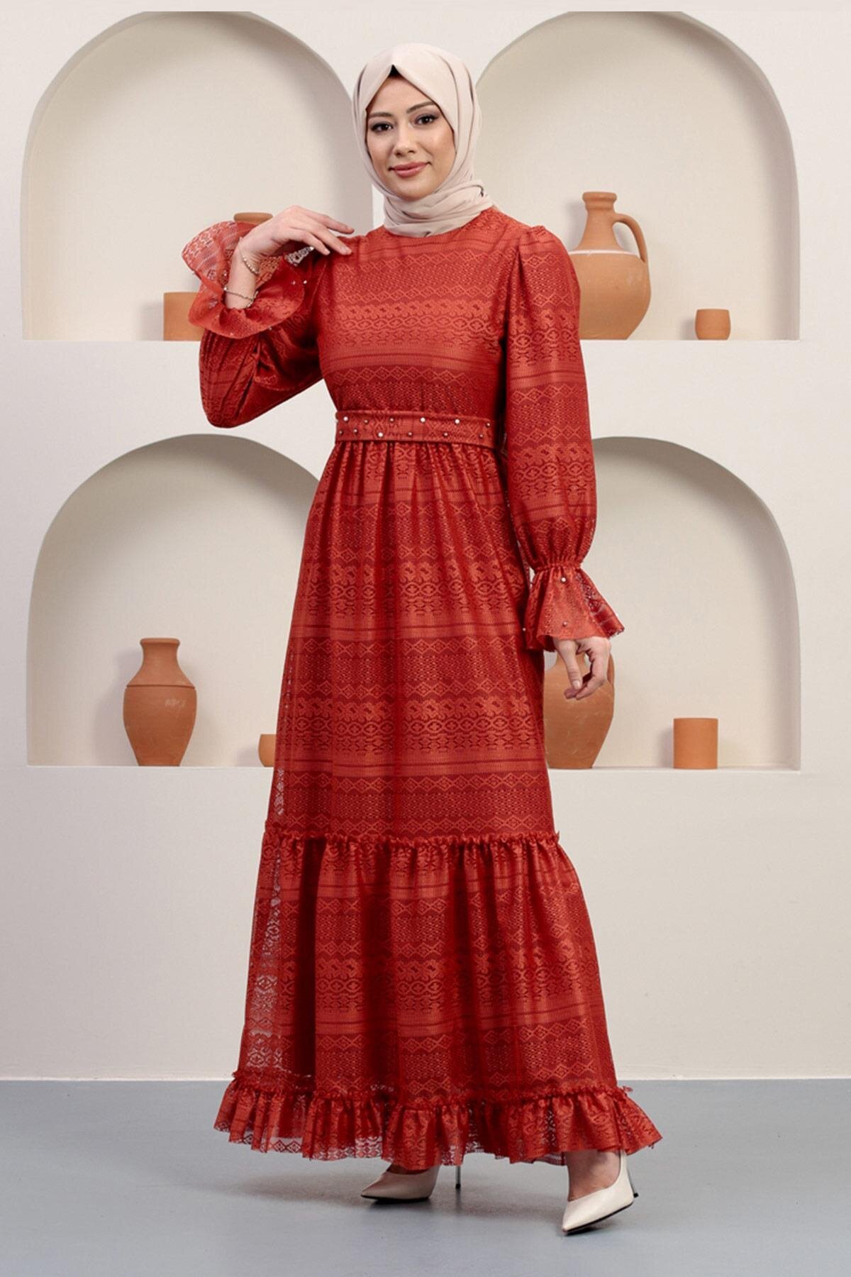 Kiremit Dantel İnci Detaylı Tesettür Abiye Elbise - Modamihram