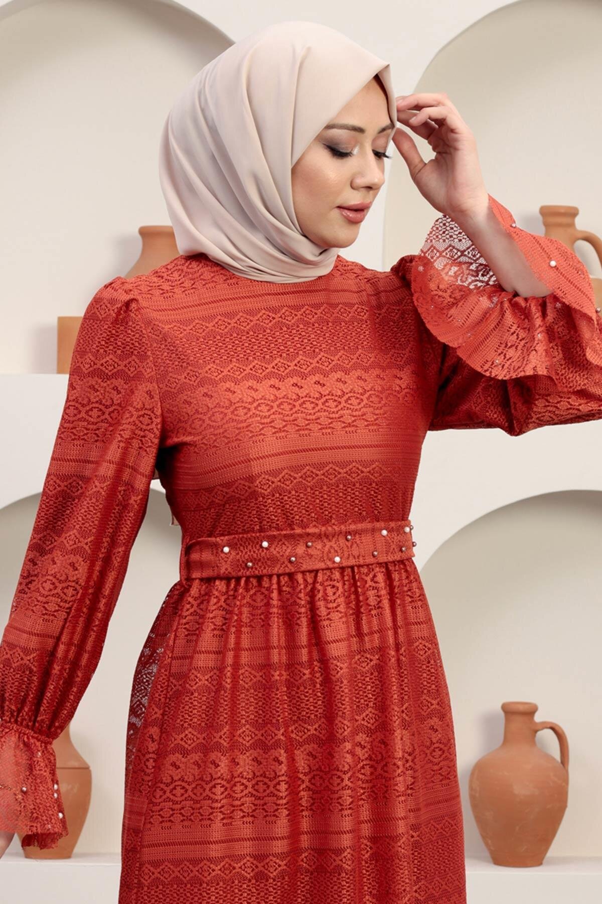 Modest Lace Pearl-Detailed Evening Dress - Terracotta - Modamihram