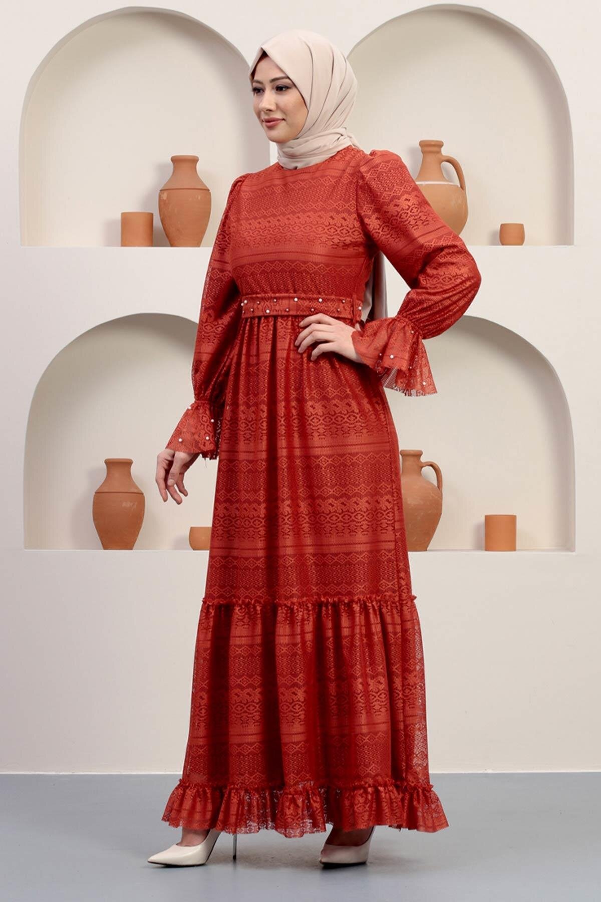 Modest Lace Pearl-Detailed Evening Dress - Terracotta - Modamihram