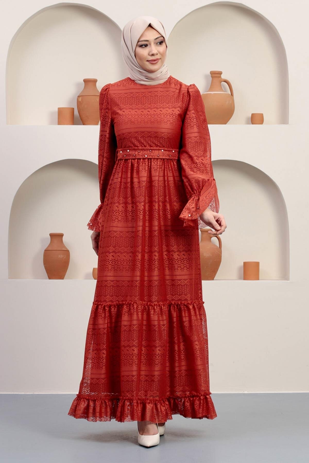 Modest Lace Pearl-Detailed Evening Dress - Terracotta - Modamihram