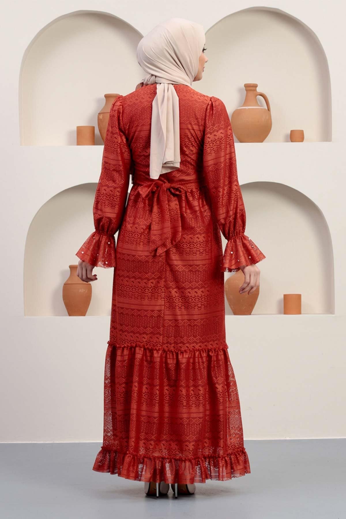 Modest Lace Pearl-Detailed Evening Dress - Terracotta - Modamihram