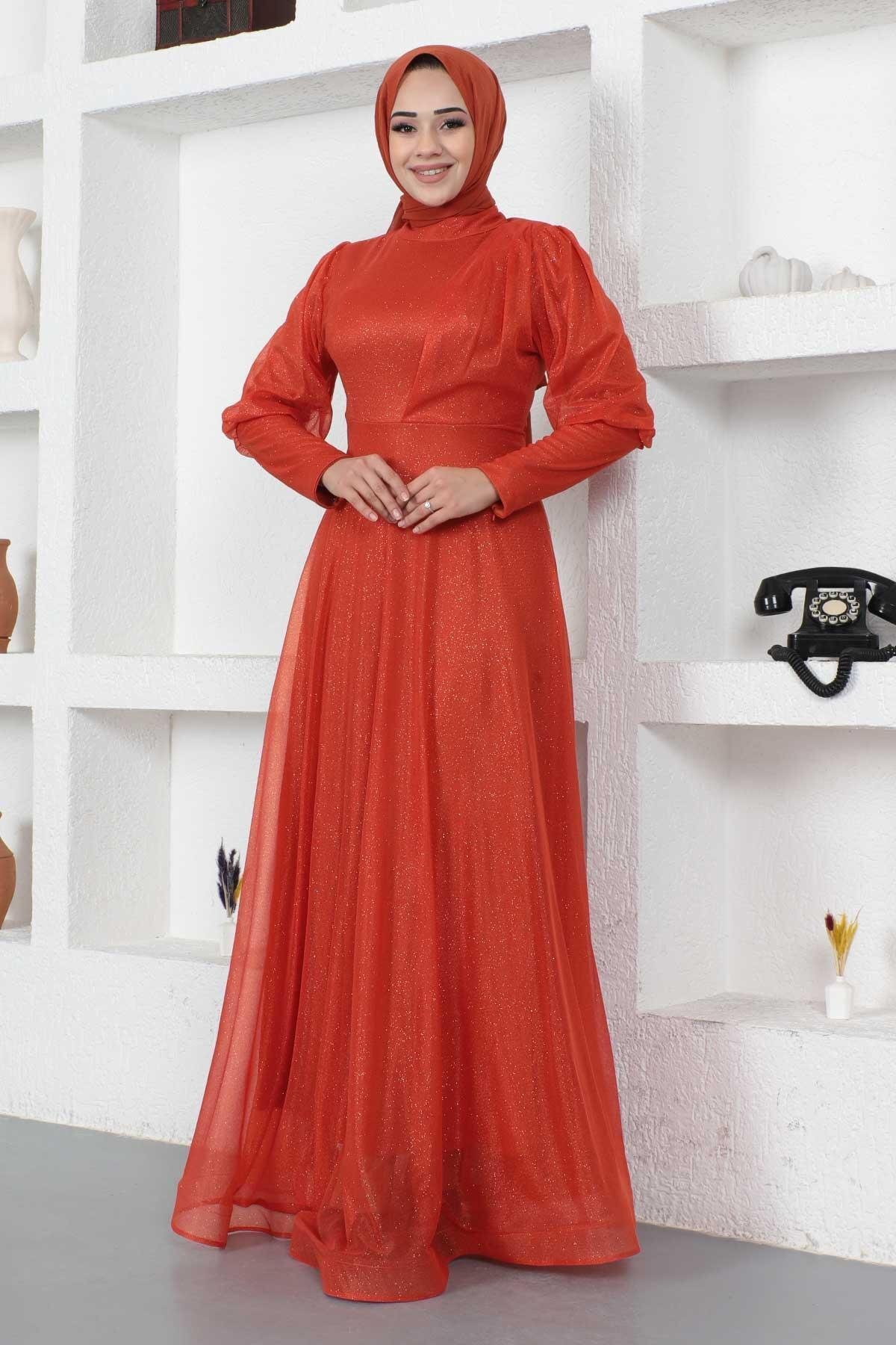 Modest Glittery Evening Dress with Zippered Cuffs - Terracotta - Modamihram