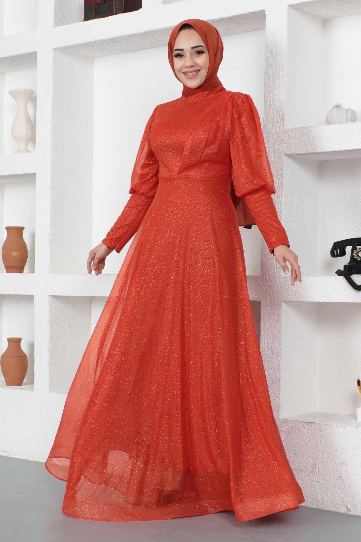Modest Glittery Evening Dress with Zippered Cuffs - Terracotta - Modamihram