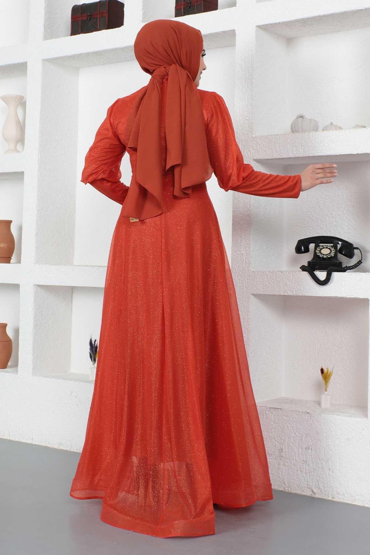 Modest Glittery Evening Dress with Zippered Cuffs - Terracotta - Modamihram