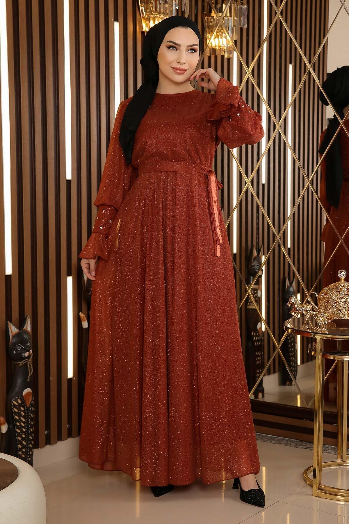 Modest Chiffon Glittery Stone-Detail Evening Dress - Terracotta - Modamihram