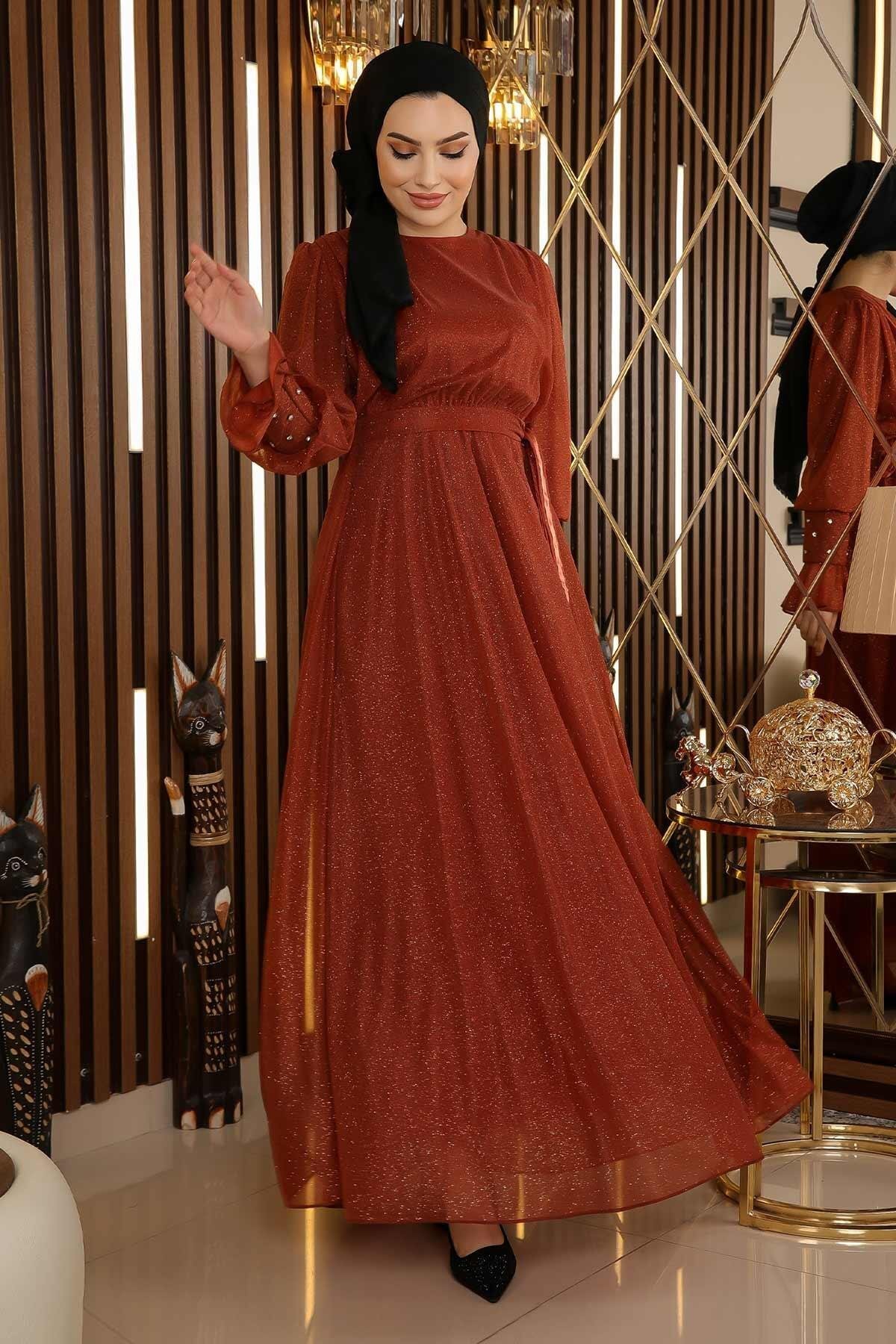 Modest Chiffon Glittery Stone-Detail Evening Dress - Terracotta - Modamihram