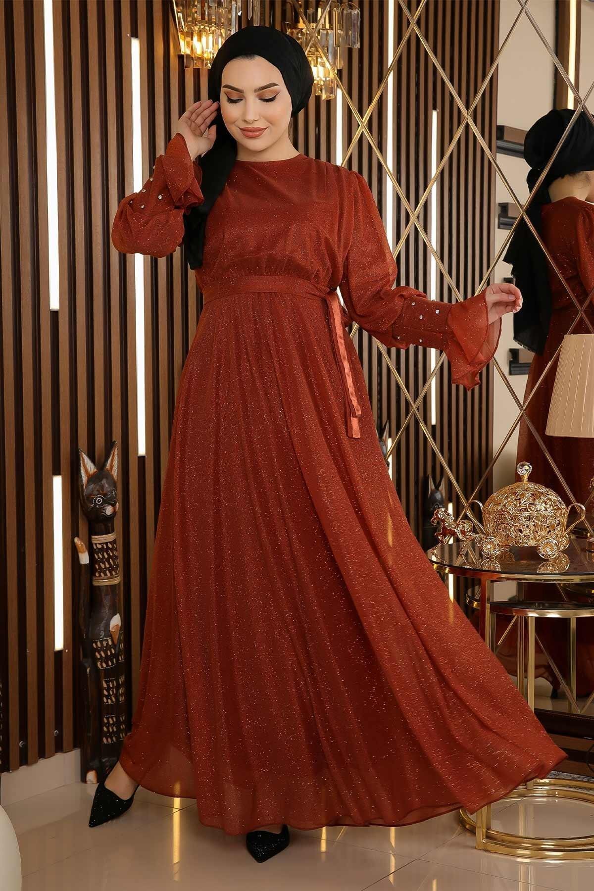 Modest Chiffon Glittery Stone-Detail Evening Dress - Terracotta - Modamihram