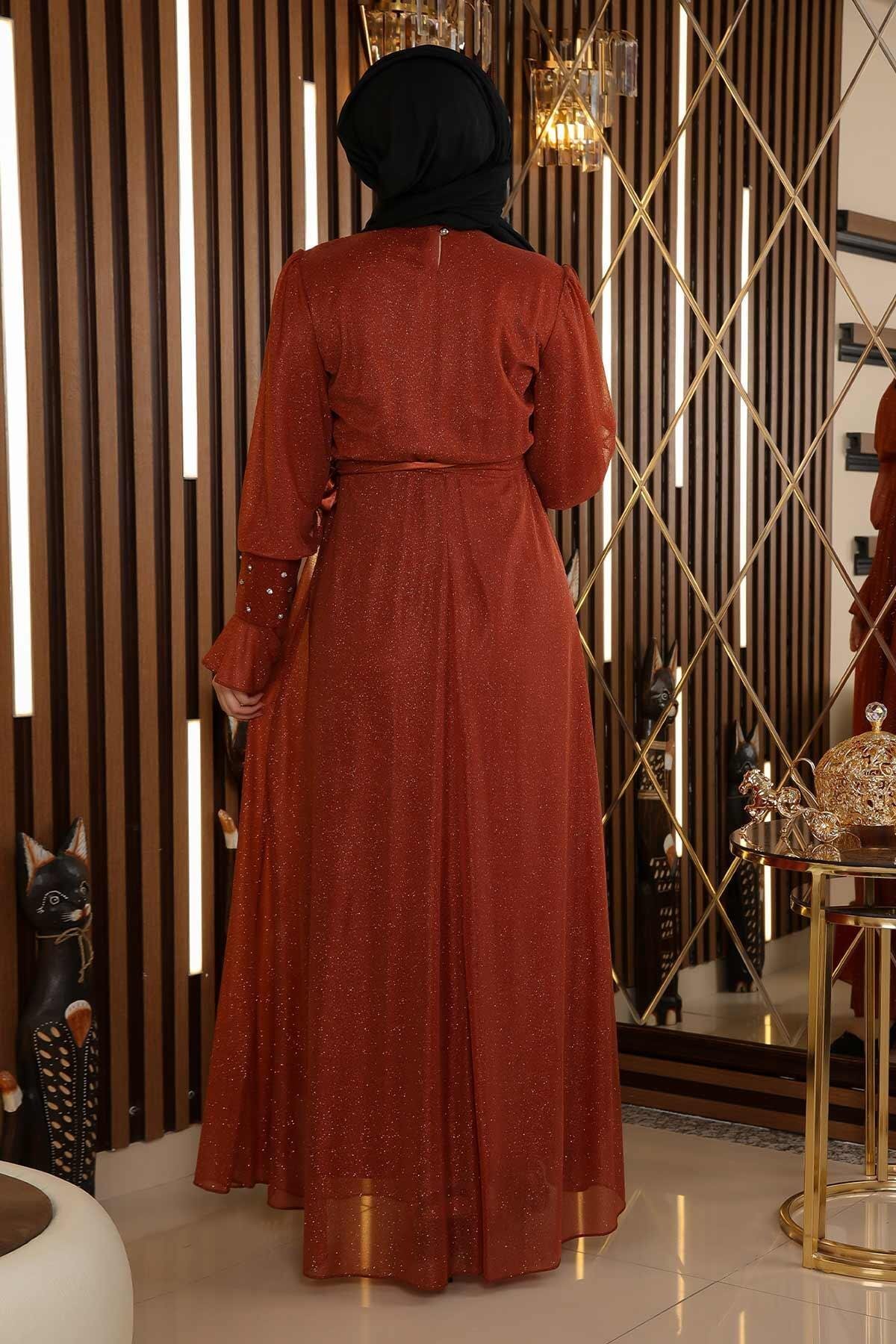 Modest Chiffon Glittery Stone-Detail Evening Dress - Terracotta - Modamihram