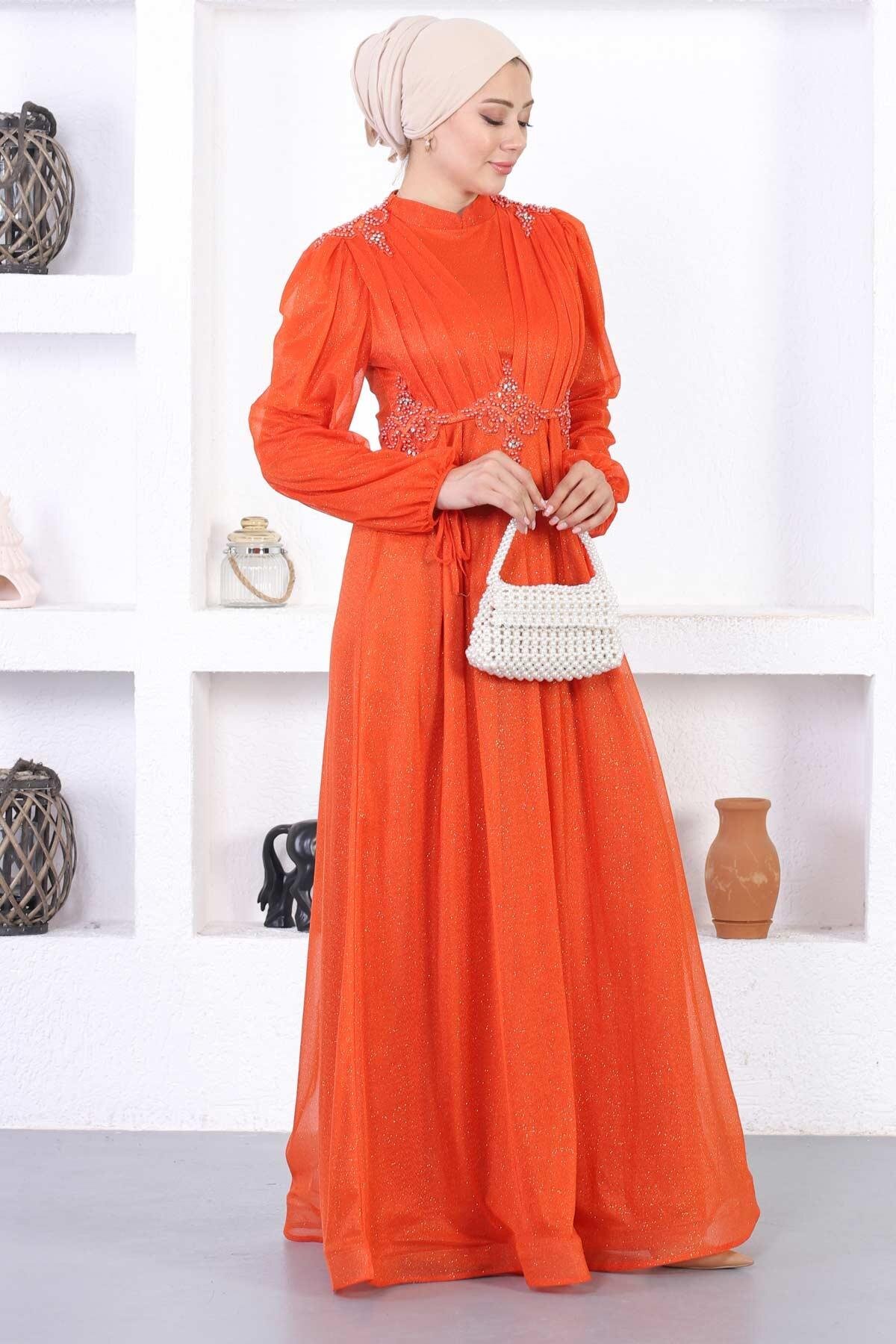 Modest Shimmery Lace Pearl Evening Dress - Terracotta - Modamihram