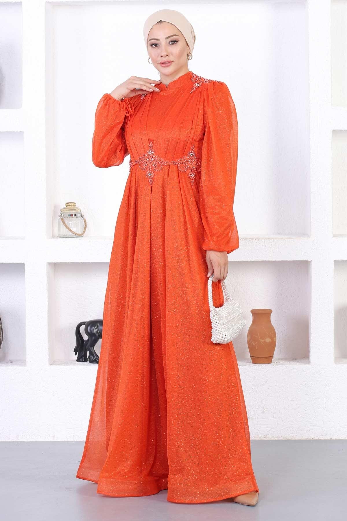 Modest Shimmery Lace Pearl Evening Dress - Terracotta - Modamihram