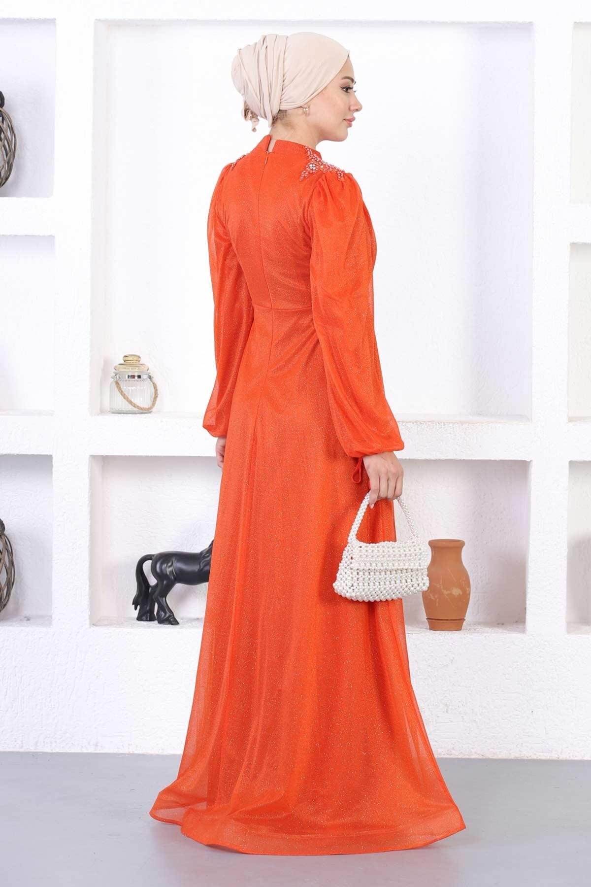Modest Shimmery Lace Pearl Evening Dress - Terracotta - Modamihram