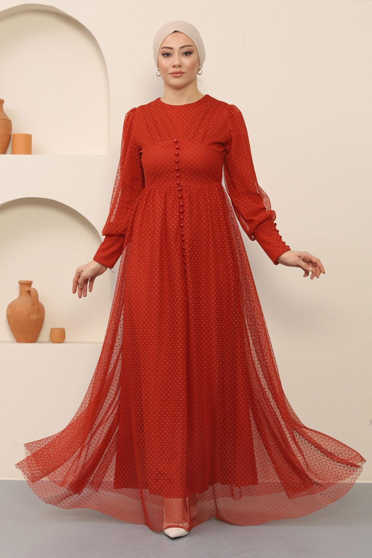 Kiremit Tül Tesettür Düğme Detaylı Abiye Elbise - Modamihram