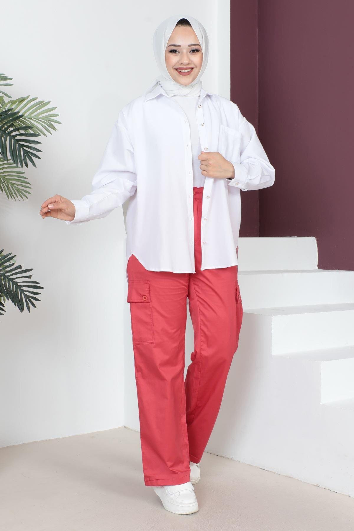 Wide Leg Elasticated Waist Modest Pants - Red - Modamihram