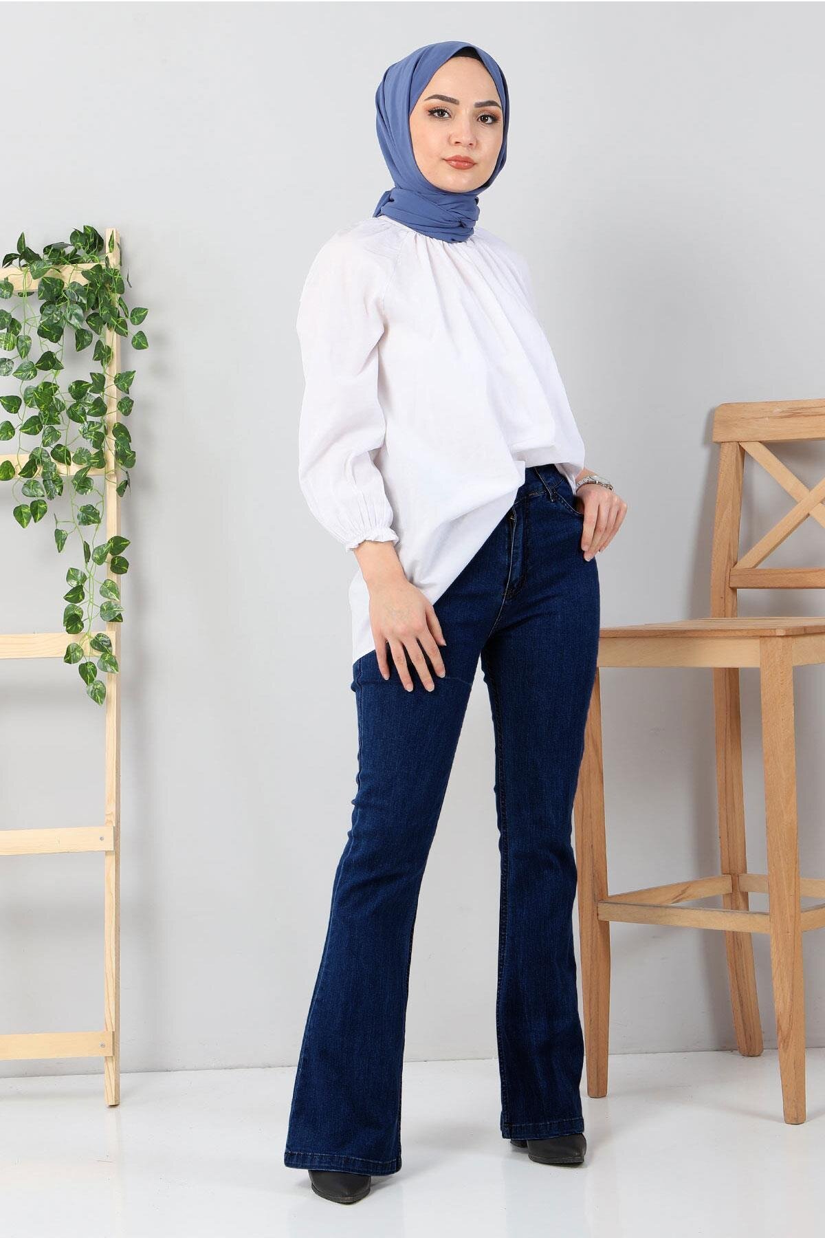 Flare Denim Modest Pants - Dark Navy - Modamihram