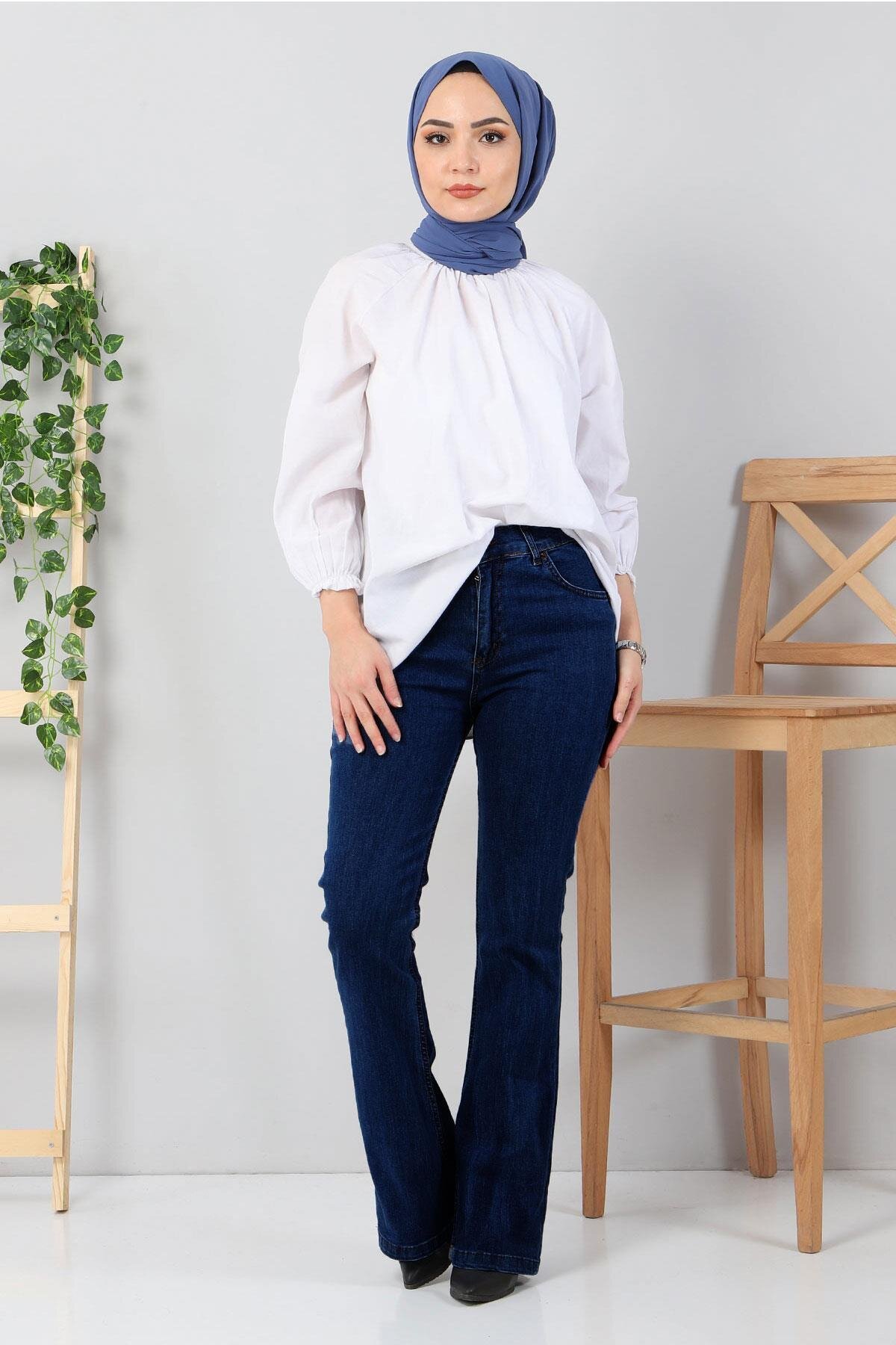 Flare Denim Modest Pants - Dark Navy - Modamihram