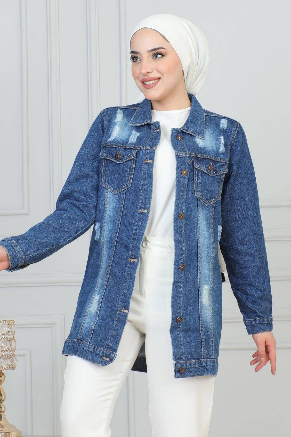 Denim Button-Detail Modest Jacket - Dark Blue - Modamihram