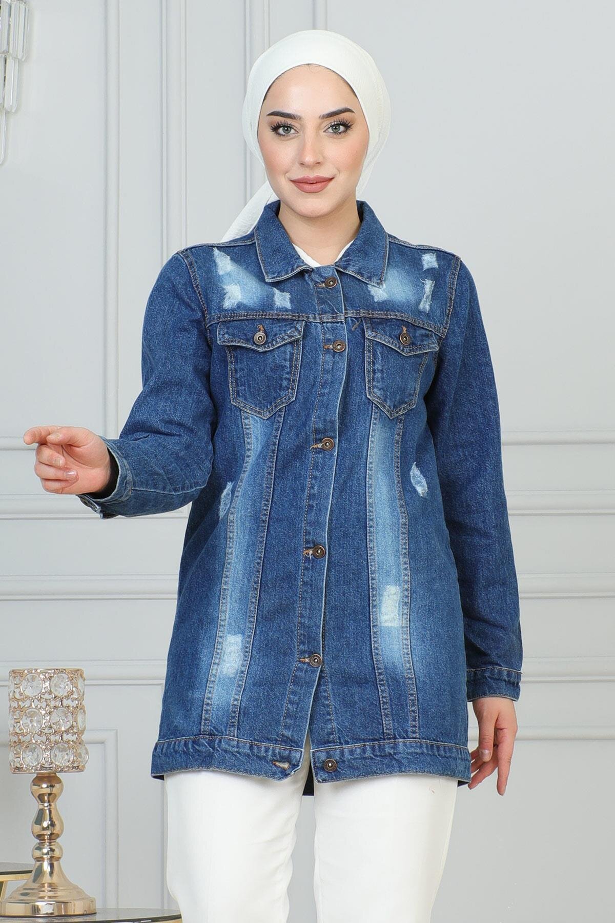 Denim Button-Detail Modest Jacket - Dark Blue - Modamihram