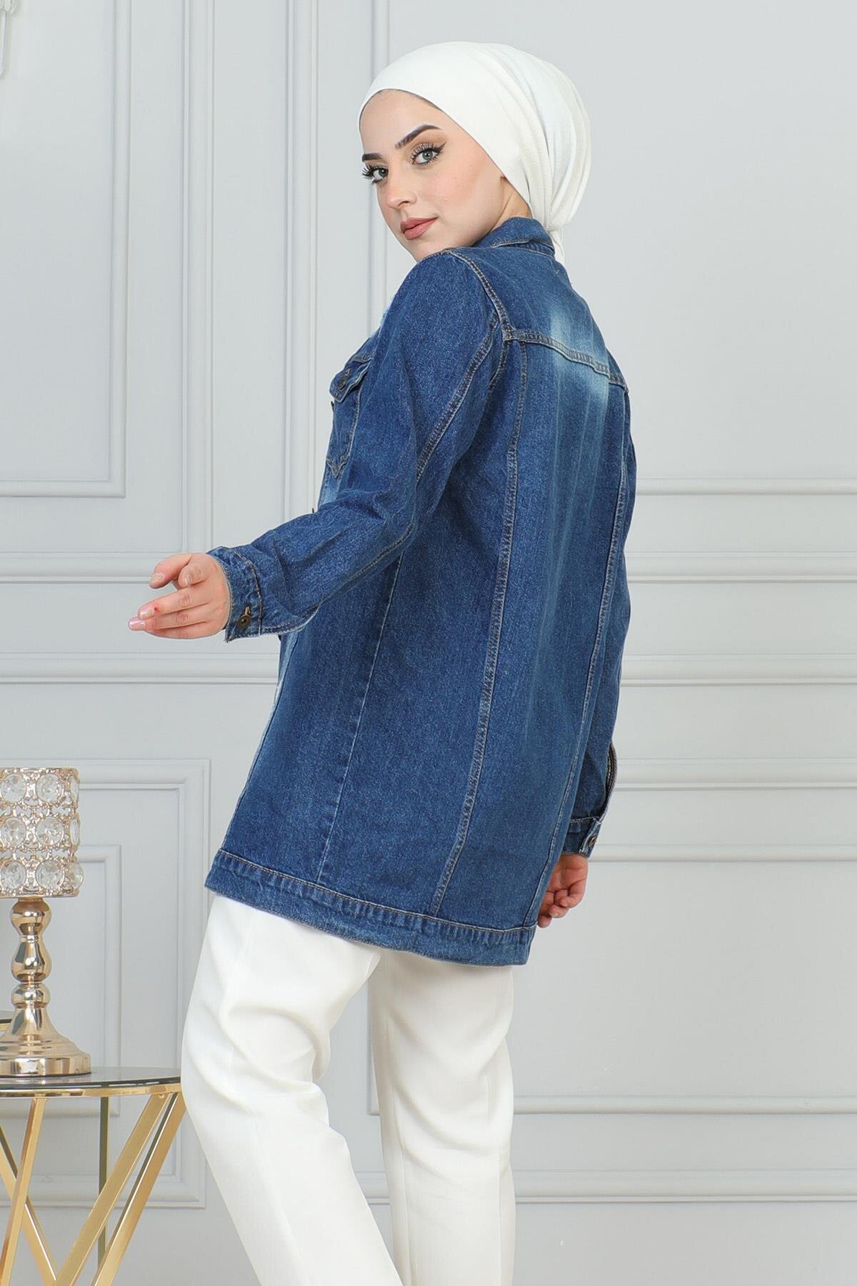 Denim Button-Detail Modest Jacket - Dark Blue - Modamihram