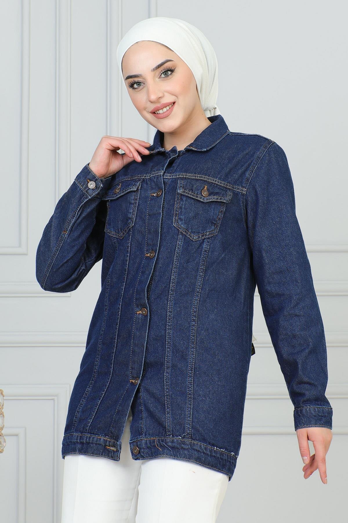 Denim Buttoned Modest Jacket - Dark Blue - Modamihram