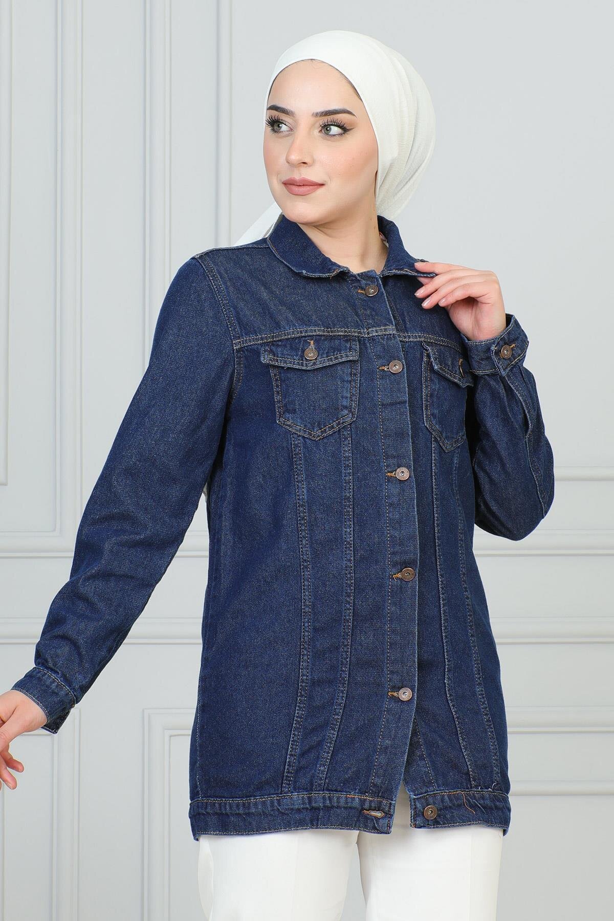 Denim Buttoned Modest Jacket - Dark Blue - Modamihram