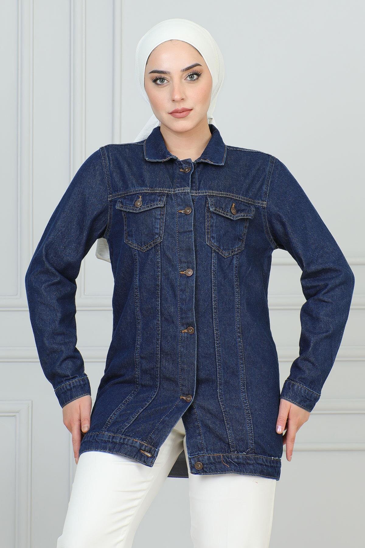 Denim Buttoned Modest Jacket - Dark Blue - Modamihram