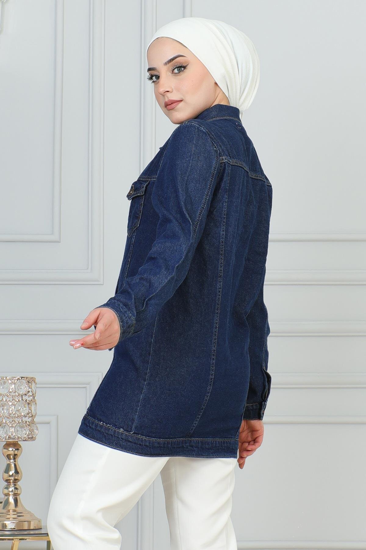 Denim Buttoned Modest Jacket - Dark Blue - Modamihram