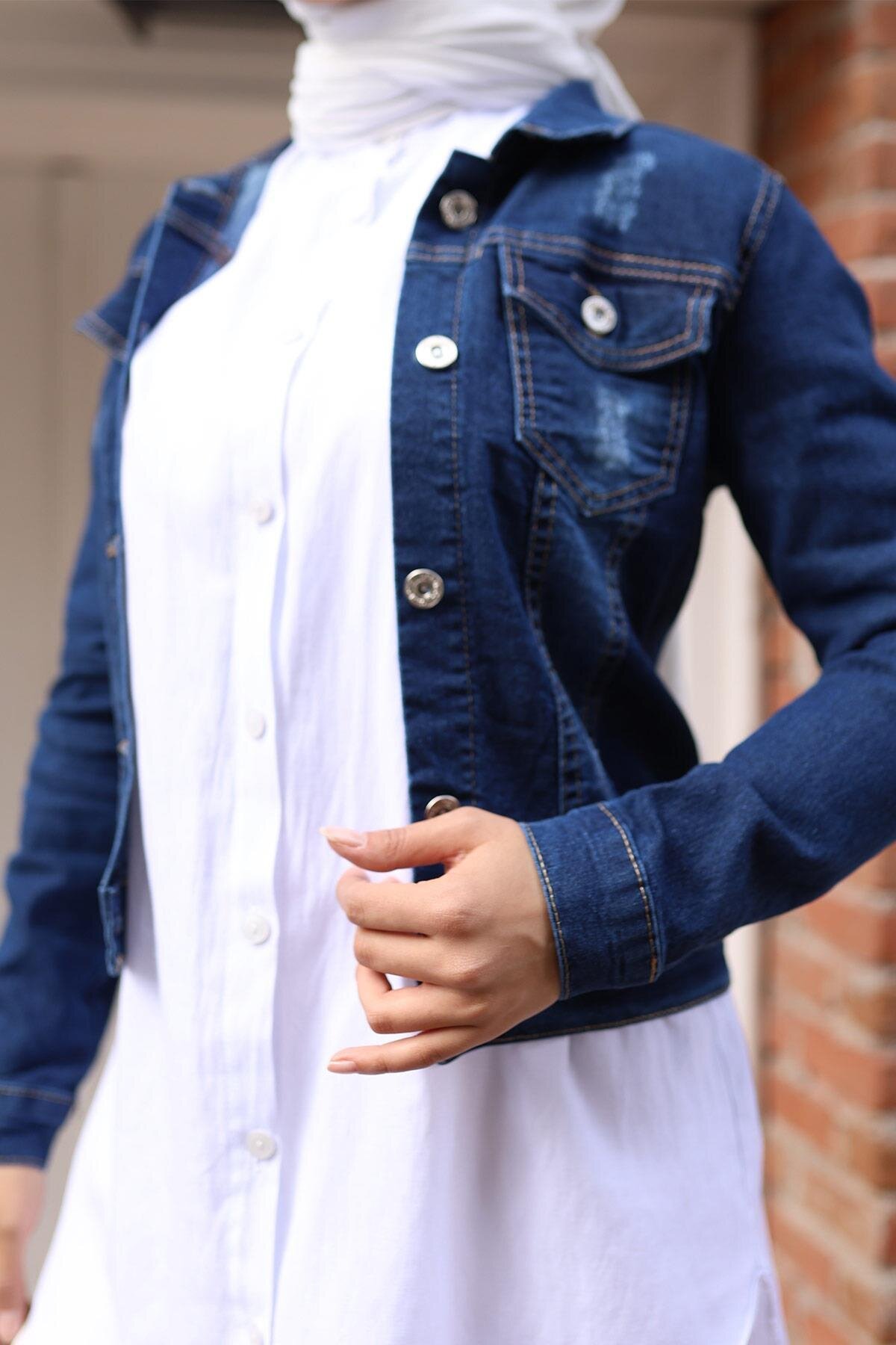 Denim Buttoned Modest Jacket - Dark Blue - Modamihram