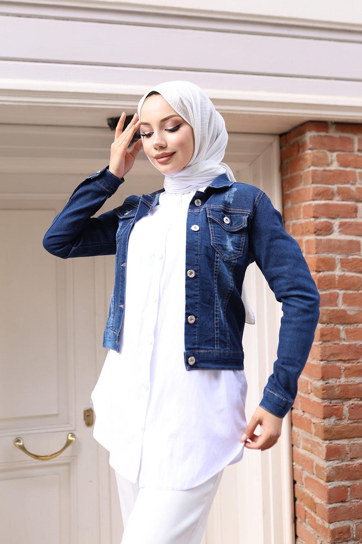 Denim Buttoned Modest Jacket - Dark Blue - Modamihram