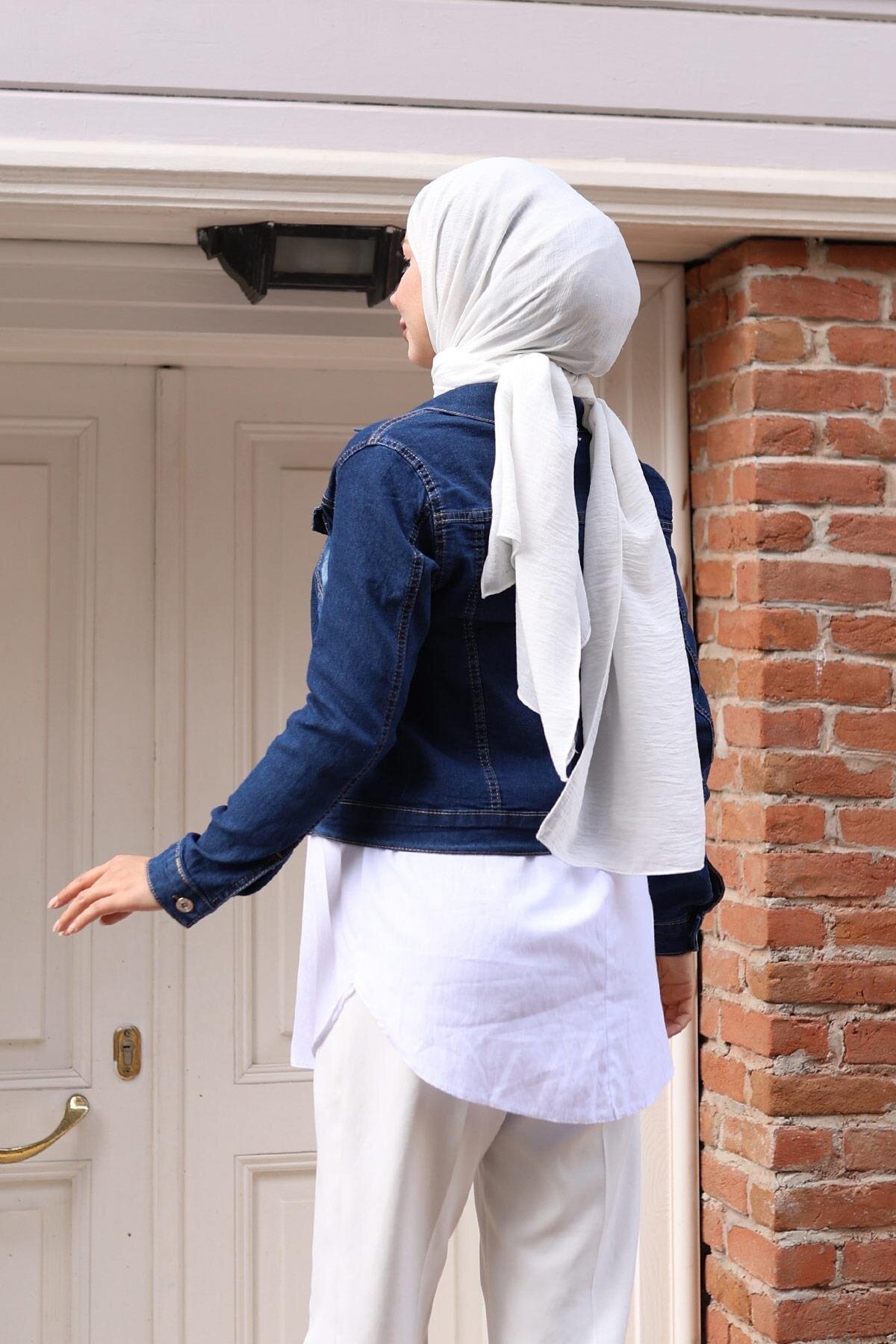 Denim Buttoned Modest Jacket - Dark Blue - Modamihram