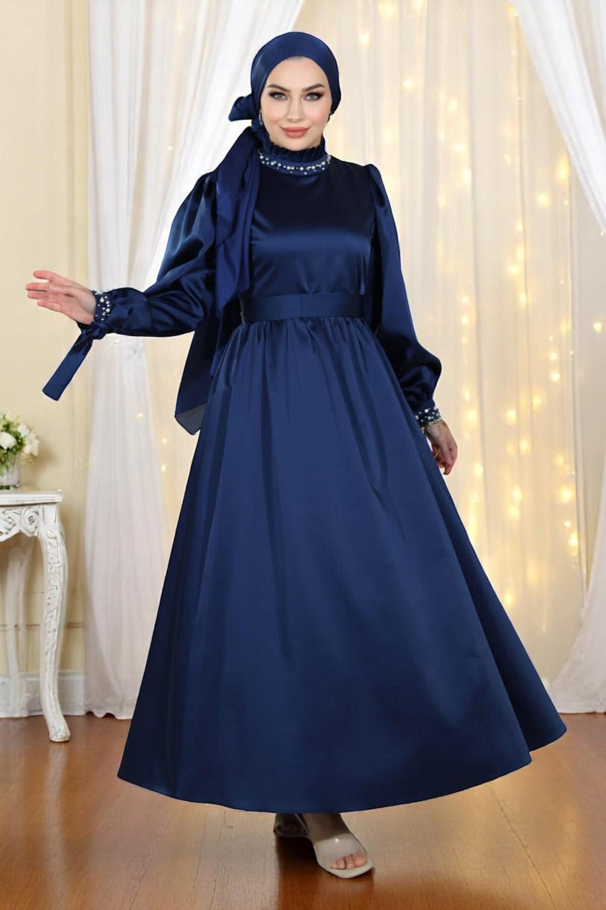 Modest Satin Pearl Detail Evening Dress - Navy - Modamihram