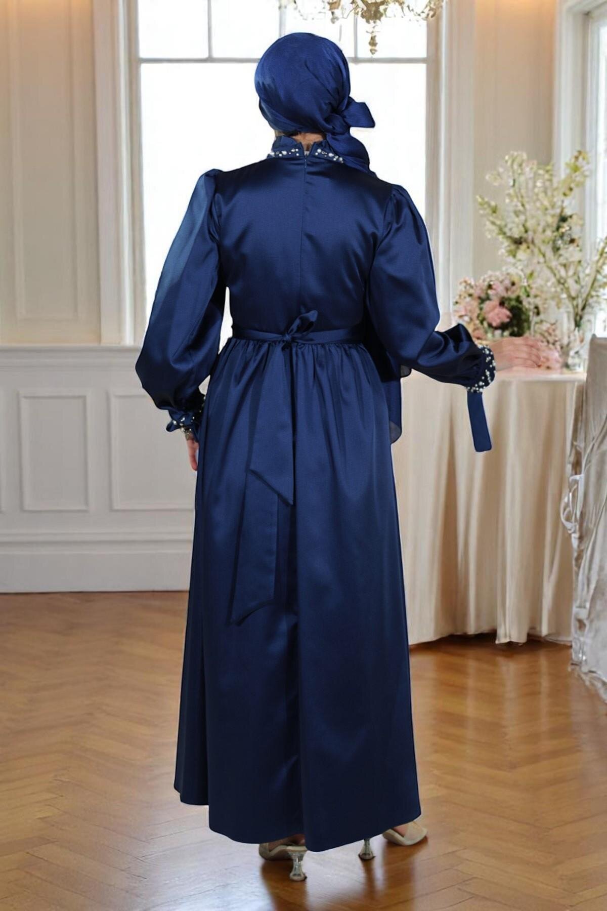 Modest Satin Pearl Detail Evening Dress - Navy - Modamihram
