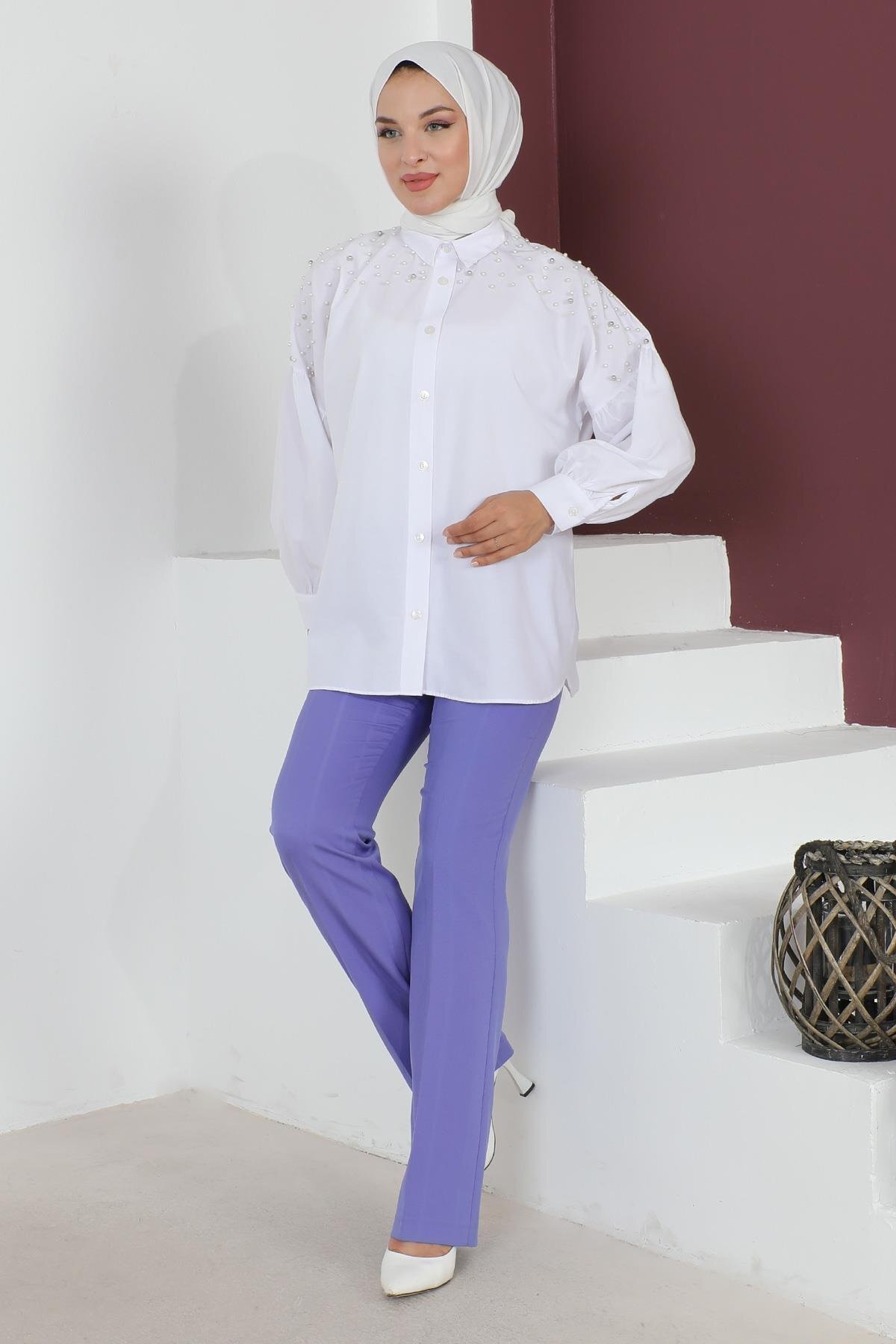 Stripe-Detail Modest Pants - Lilac - Modamihram