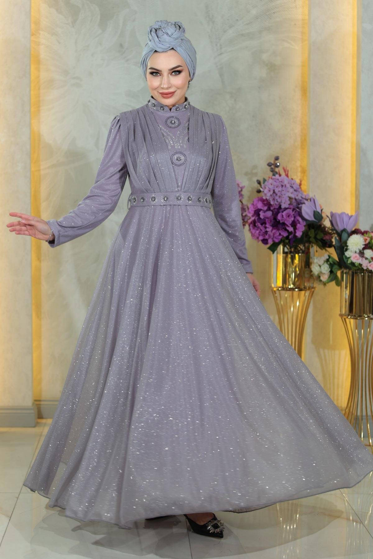 Lila Simli Taş Detaylı Göğsü Drapeli Tesettür Şifon Abiye Elbise - Modamihram