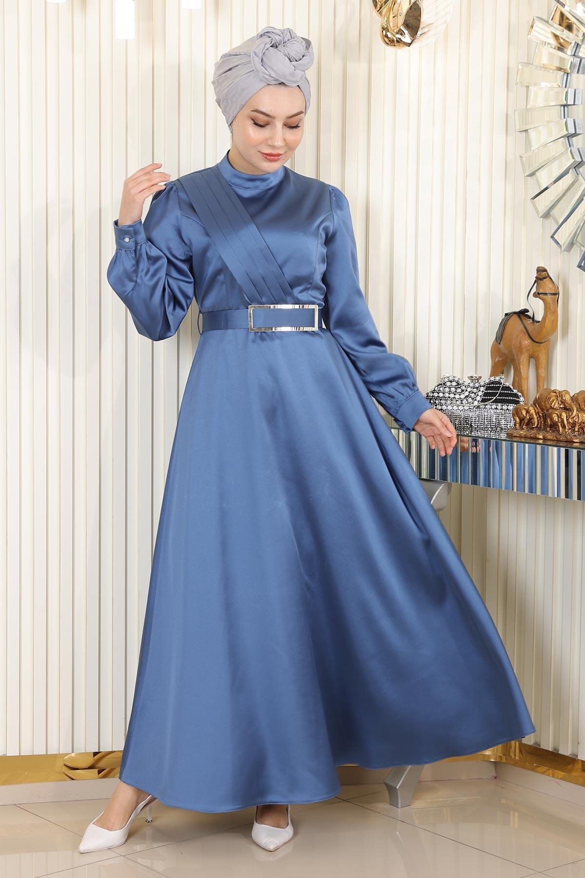Satin Draped Modest Evening Dress - Blue - Modamihram