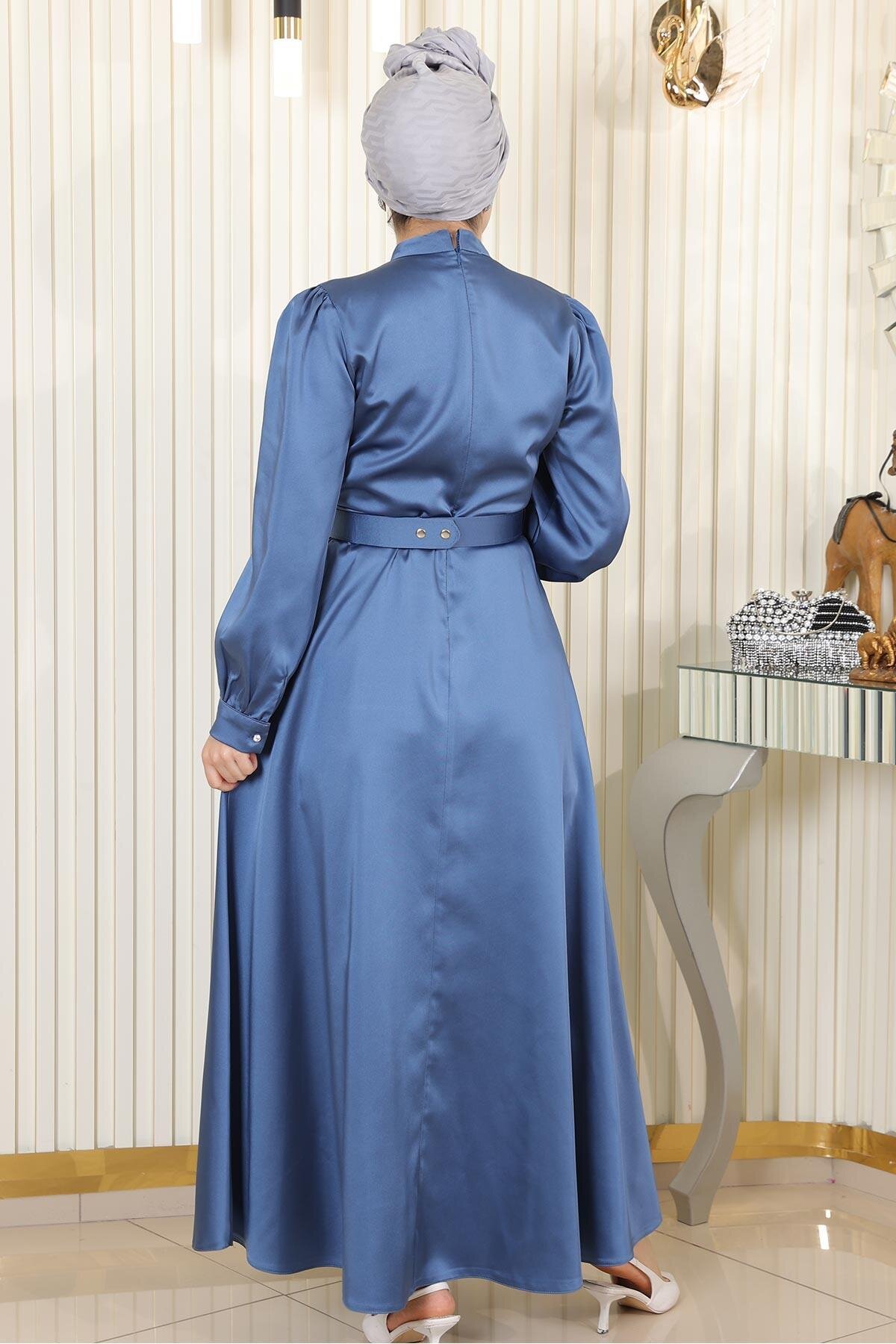 Satin Draped Modest Evening Dress - Blue - Modamihram