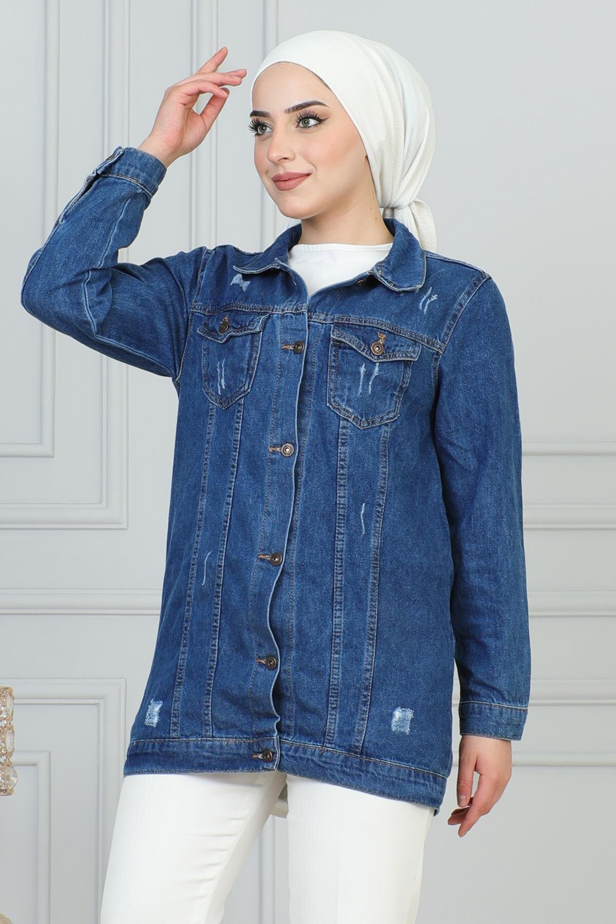Mavi Kot Lazer Detaylı Tesettür Ceket - Modamihram