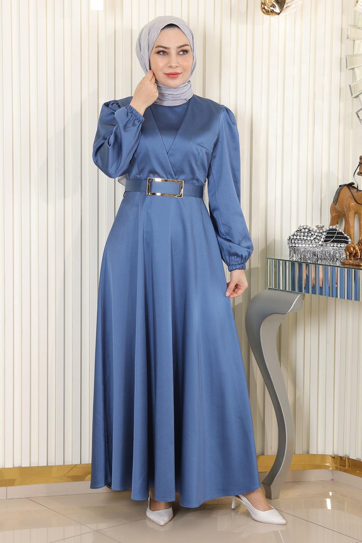 Modest Satin Belted Evening Dress - Blue - Modamihram