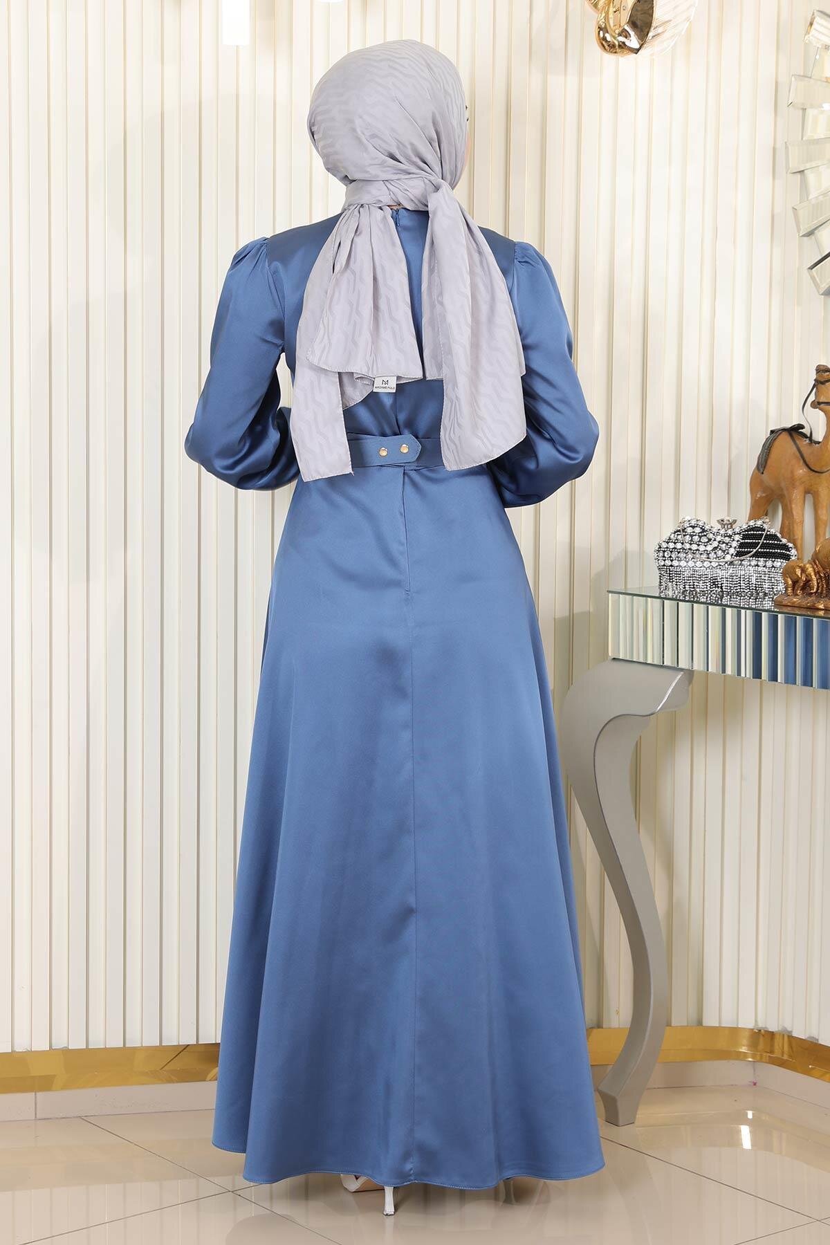 Modest Satin Belted Evening Dress - Blue - Modamihram