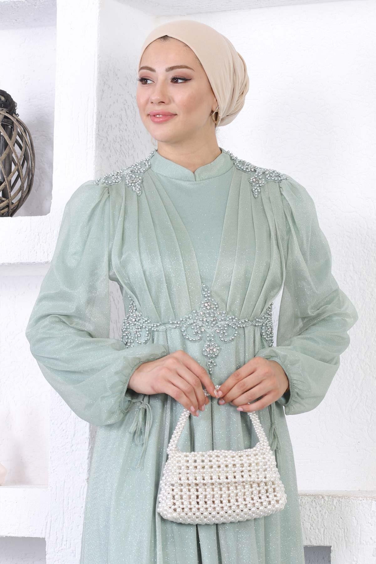 Mint Dantelli Simli İncili Tesettür Abiye Elbise - Modamihram