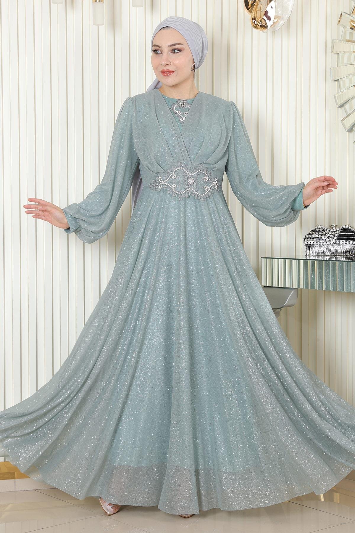 Mint Drapeli Simli İnci Detaylı Tesettür Şifon Abiye Elbise - Modamihram